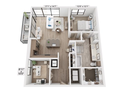 Floor plan for 1 bed, 1 bath, 1112 sqft